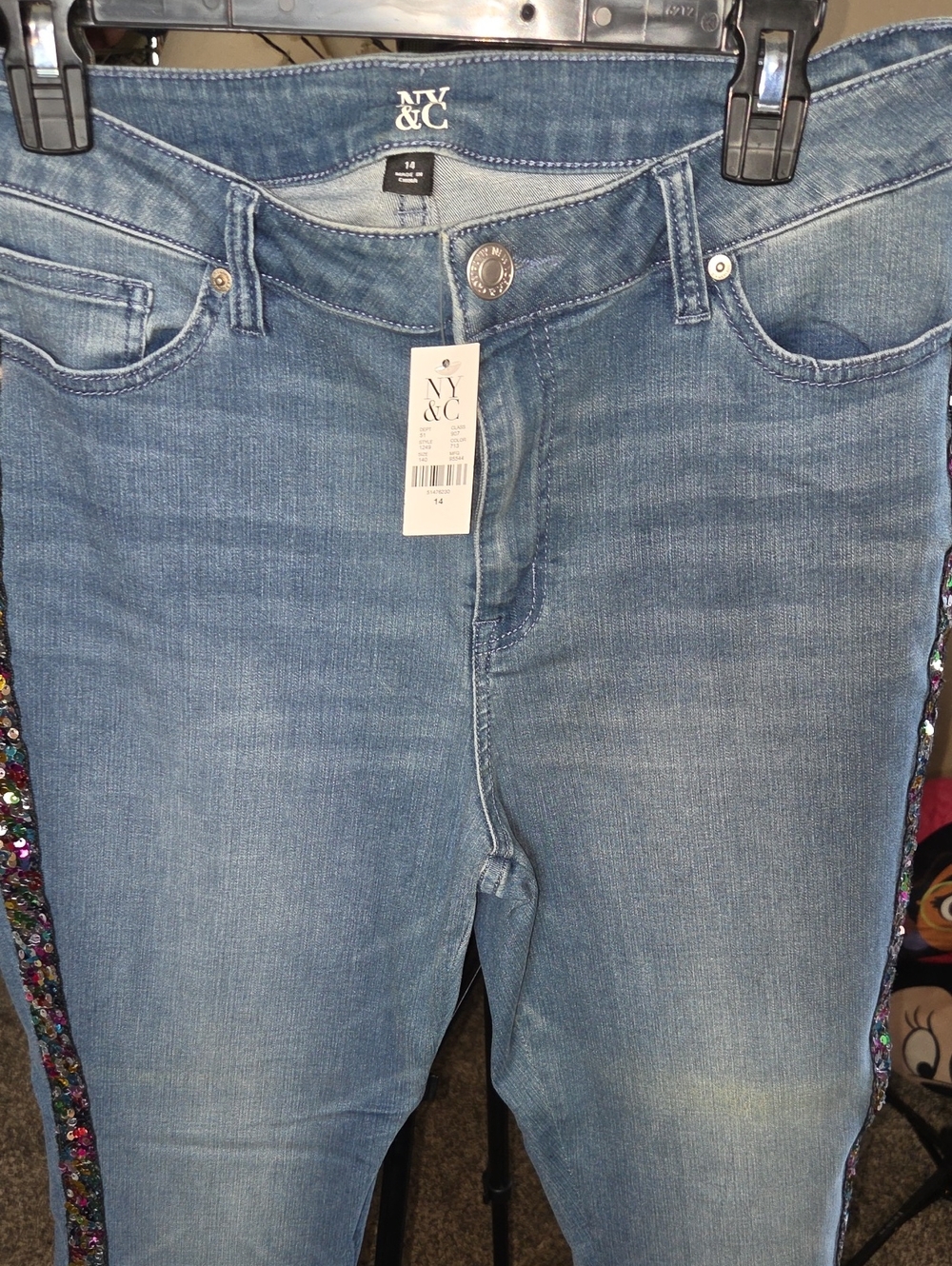 New York & Company Light Blue Skinny Jeans with Sequin Side Trim